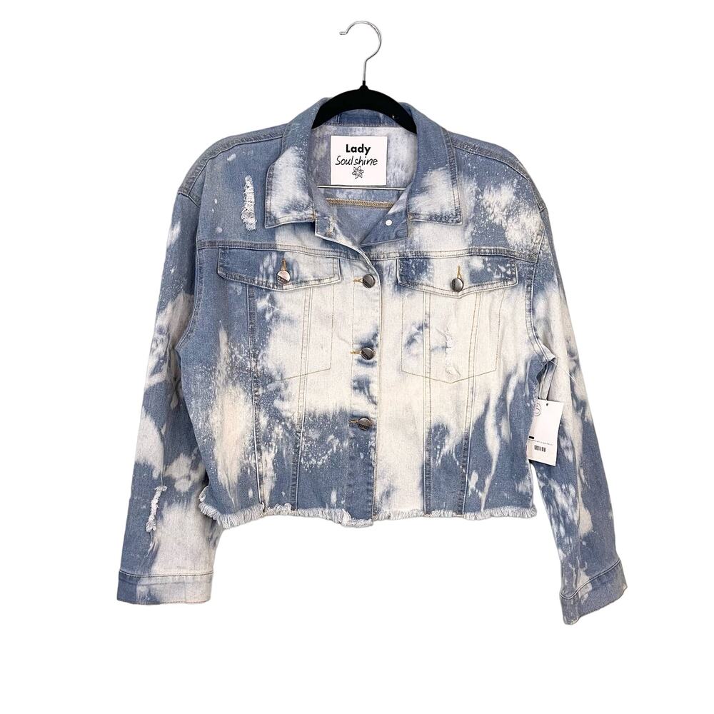 Lady Soulshine Bleach Splattered Good Vibes Only Rainbow Denim Jacket Small NWT